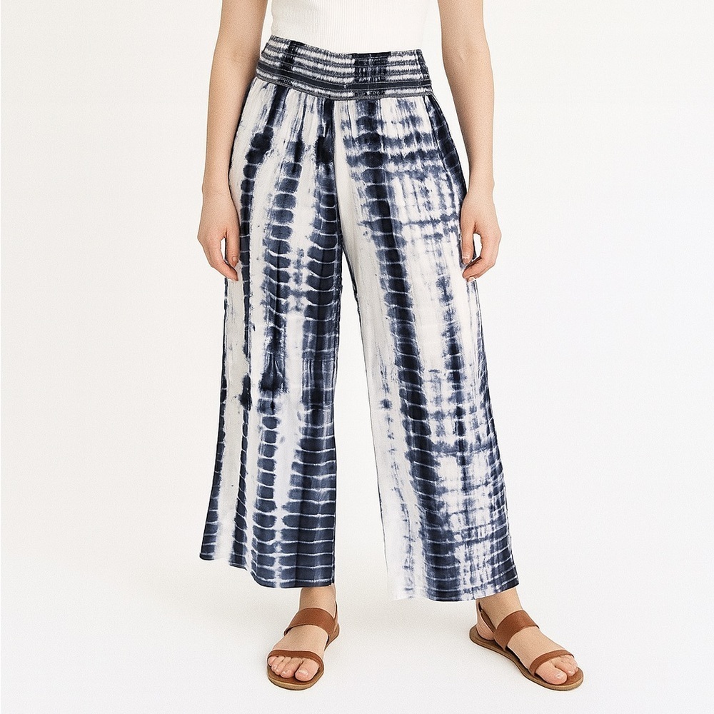 REWASH BRAND Linen White Blue Tie Dye High Rise Wide Leg Pant Large